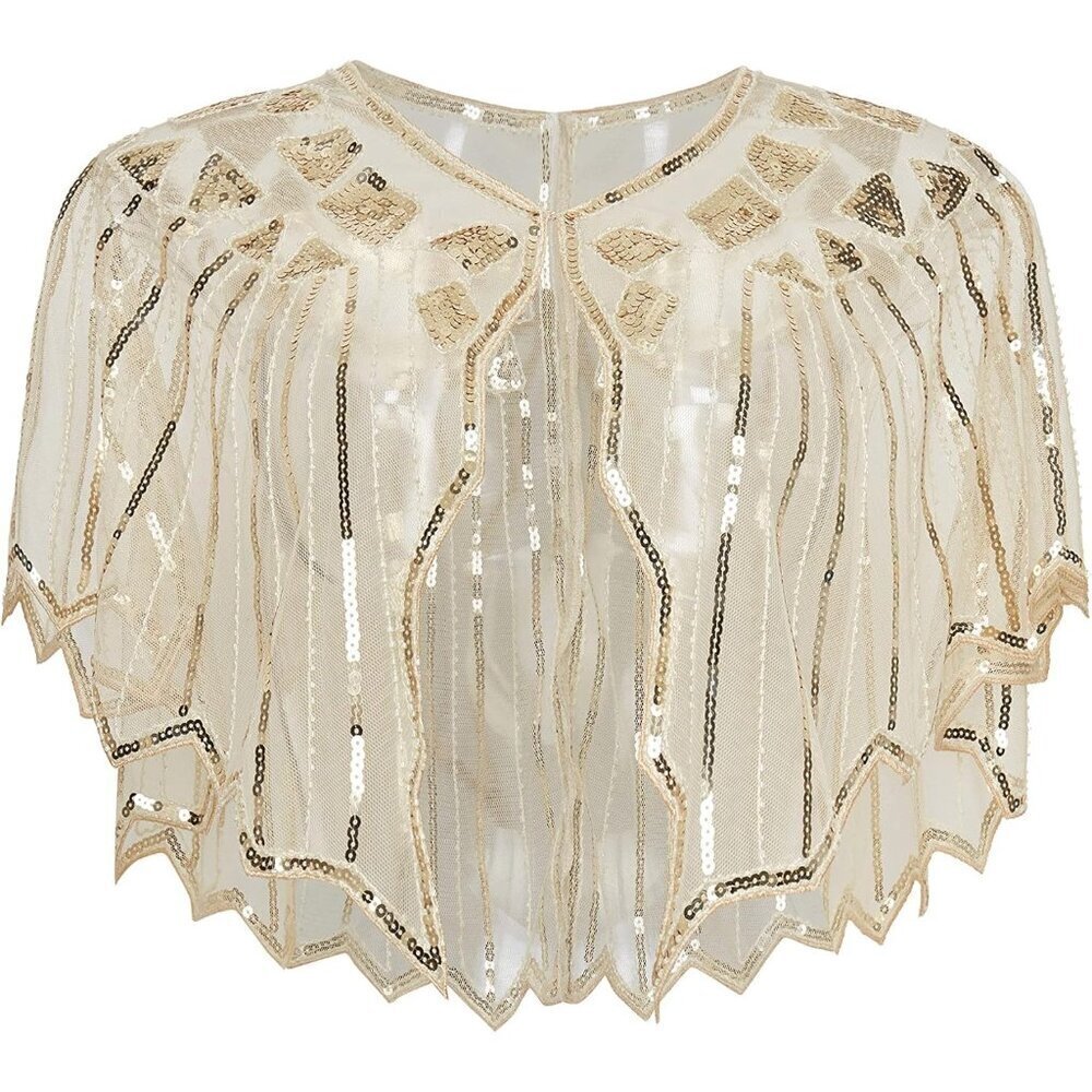 🆕 Women Cream Sequin Beaded Evening Cape Zig Zag Themed Party Dress Shawl Wraps
